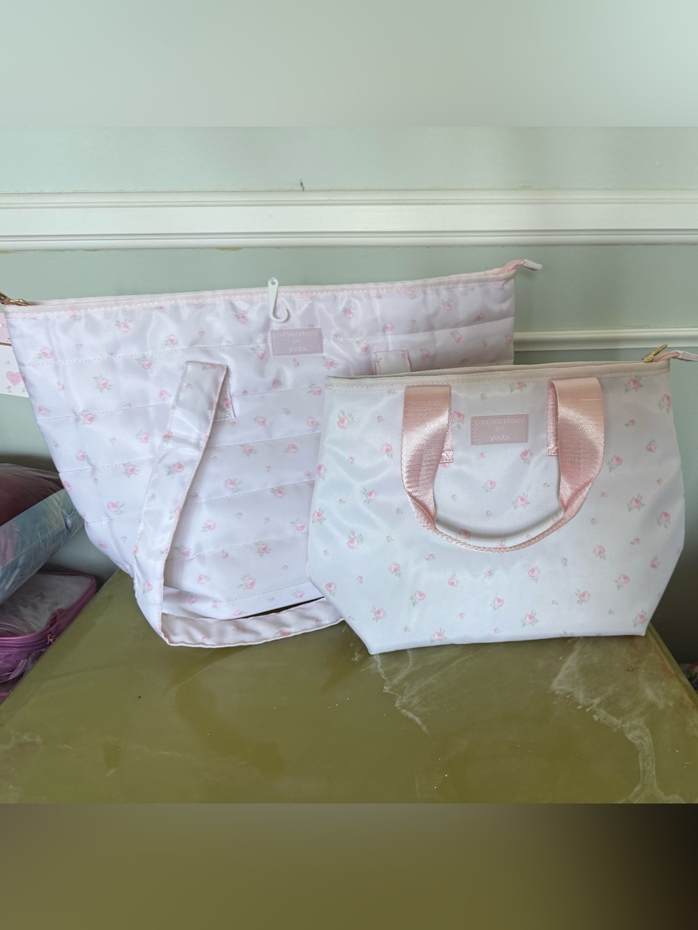 LoveShackFancy x Yoobi Pink Rose Print Tote and lunch bag with Satin Handles